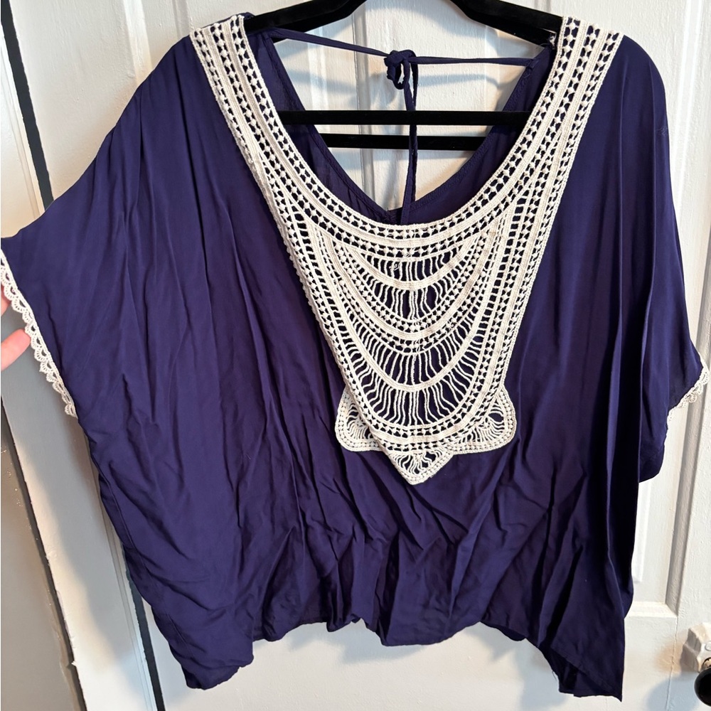 Elegant Navy Blue Crochet Trim Women's Top